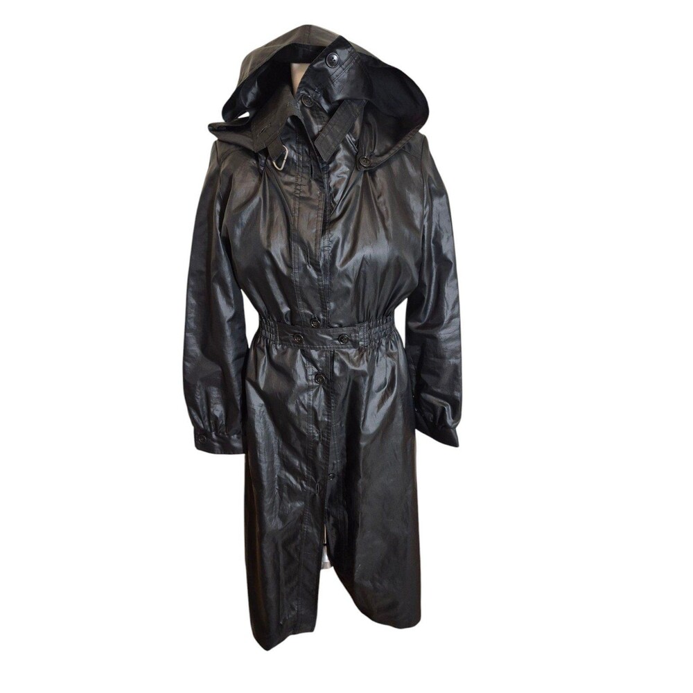 Furrina Vintage 60s 70s Trench coat Mid Length Hooded Rain Jacket Black Sz XS/S